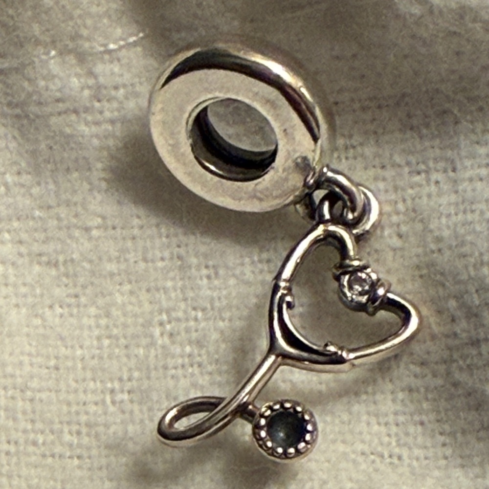 Pandora Silver Stethoscope Heart Dangle Pendant Charm Bracelet.